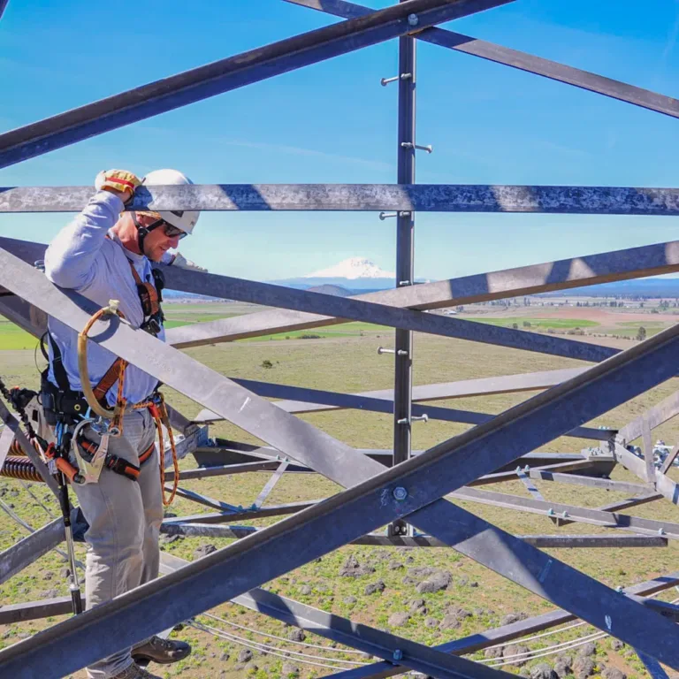 Utility worker in a safety harness navigates a steel lattice transmission tower, with power lines and insulators visible over a rural landscape on a clear day.