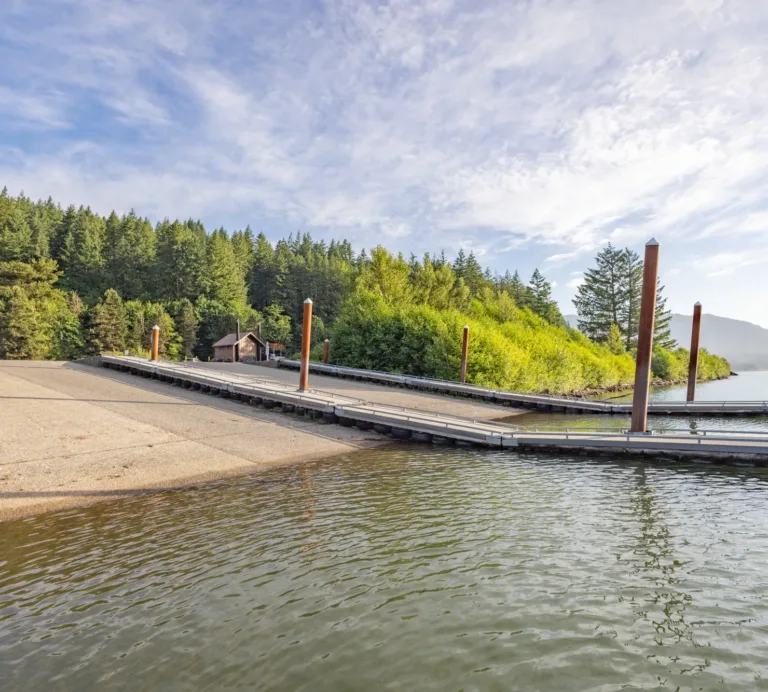 Boat launch with floating docks and tall pilings on a calm lake, backed by dense forested hills and a small building under a partly cloudy sky.