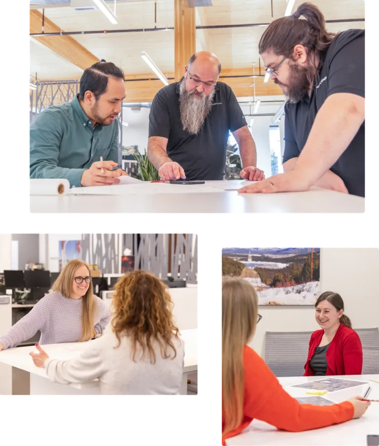 MacKay Sposito three-photo collage of team members collaborating in a modern office, reviewing papers and plans at white desks.