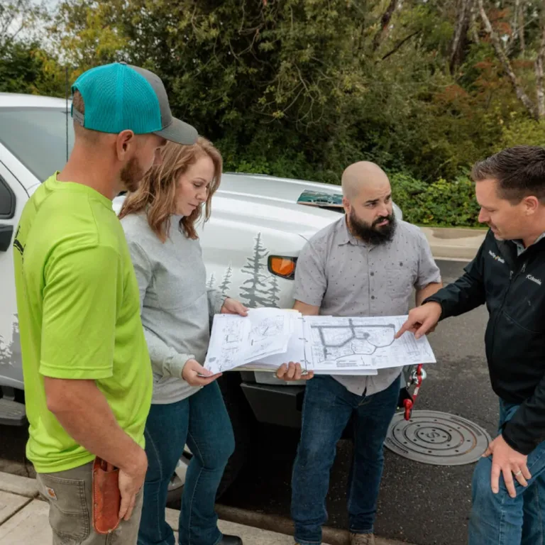 Four MacKay Sposito team members review site plans beside a Riparia Environmental pickup during a roadside field visit.
