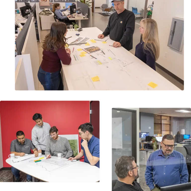 Collage of MacKay Sposito office scenes showing groups reviewing engineering plans with drawings and sticky notes at tables and colleagues conferring in a glass‑walled workspace.
