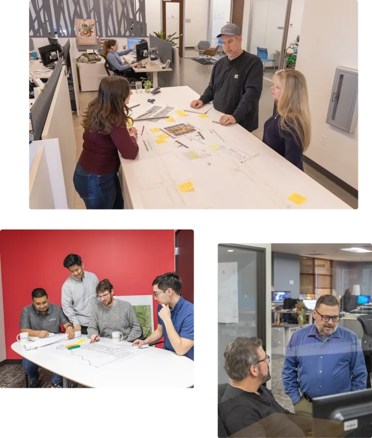 Collage of MacKay Sposito office scenes showing groups reviewing engineering plans with drawings and sticky notes at tables and colleagues conferring in a glass‑walled workspace.
