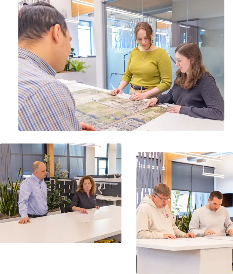Collage of MacKay Sposito team members collaborating over large maps and project plans in a bright, modern office.